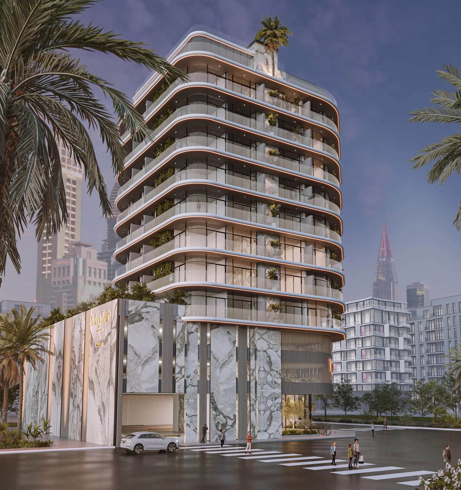 Mayfair Gardens exterior view in Al Satwa, Dubai, by Majid Developments