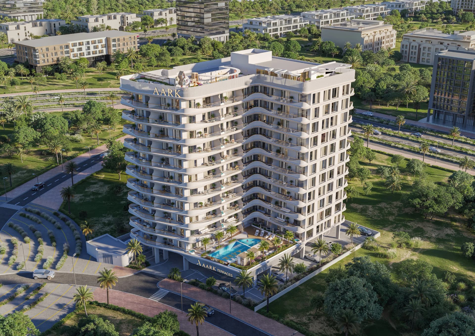 Aark Terraces exterior view in Dubailand Residence Complex, Dubai, by Aark Developers