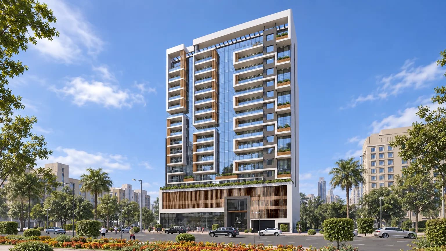 Aura Residences exterior view in JVC (Jumeirah Village Circle), Dubai, by Grovy Developers