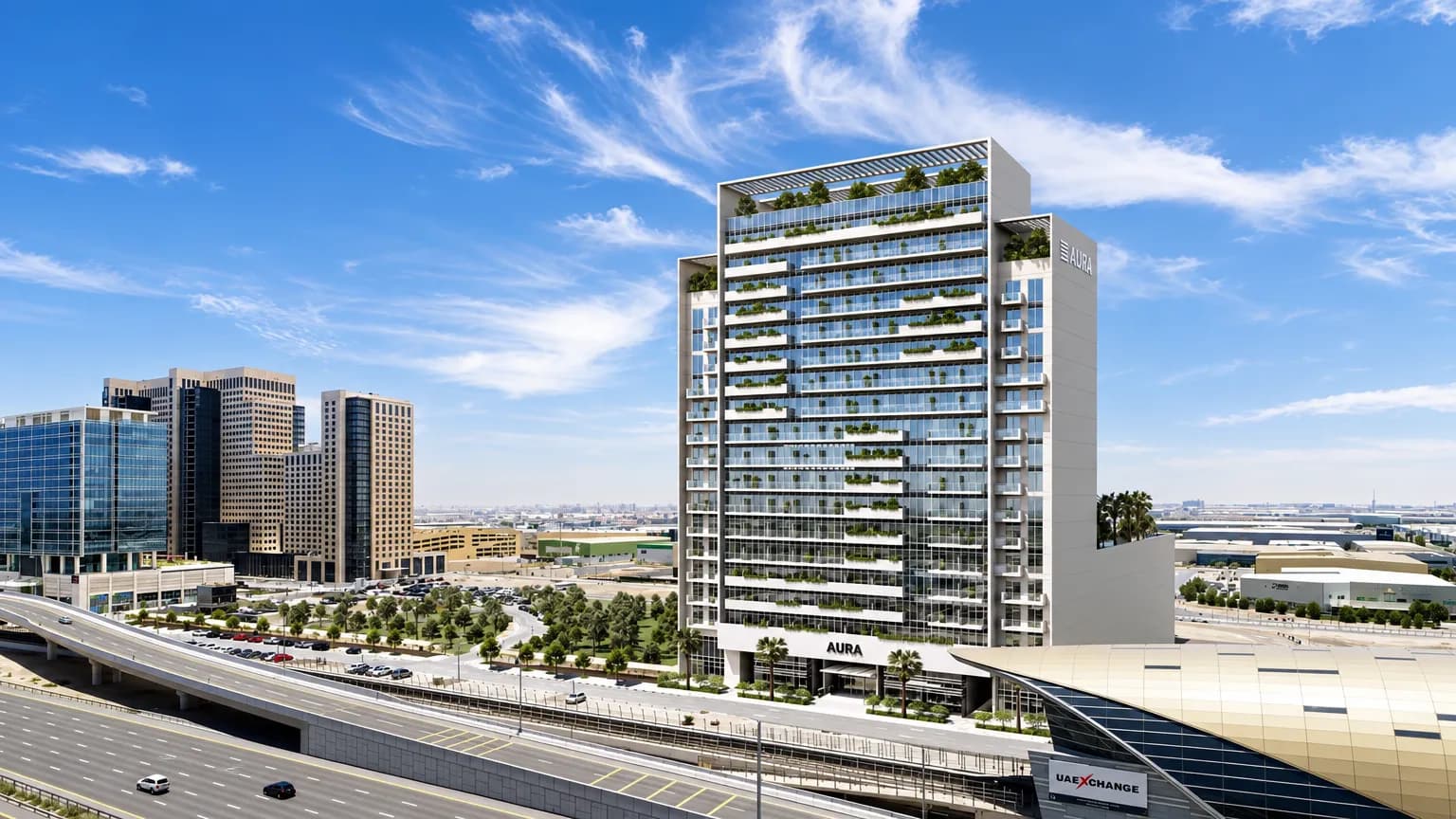 Azizi Aura exterior view in Jebel Ali Freezone Extension, Dubai