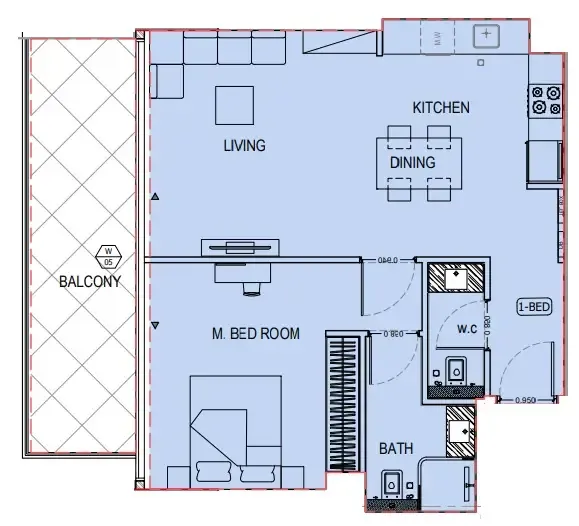 1 BR layout at Binghatti Apex