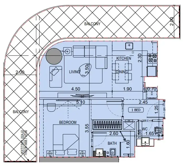 1 BR layout at Binghatti Flare