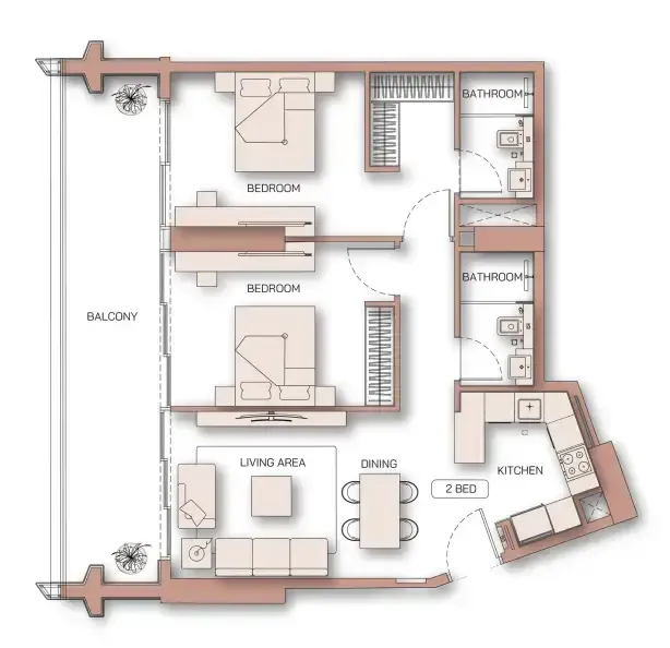 2 BR layout at Binghatti Pinnacle