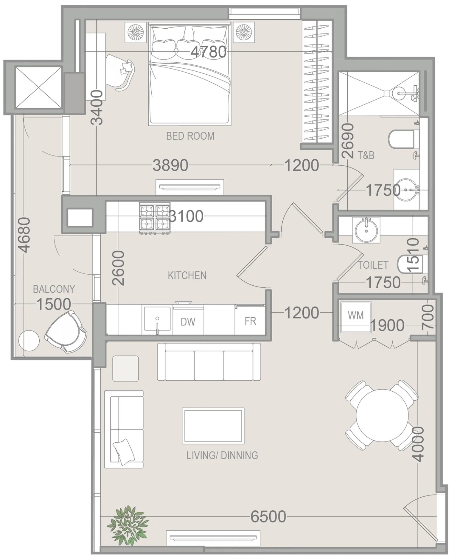 1 BR layout at EVERGR1N House 4