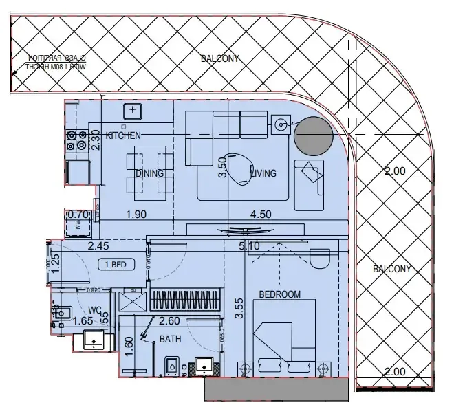 1 BR layout at Binghatti Flare