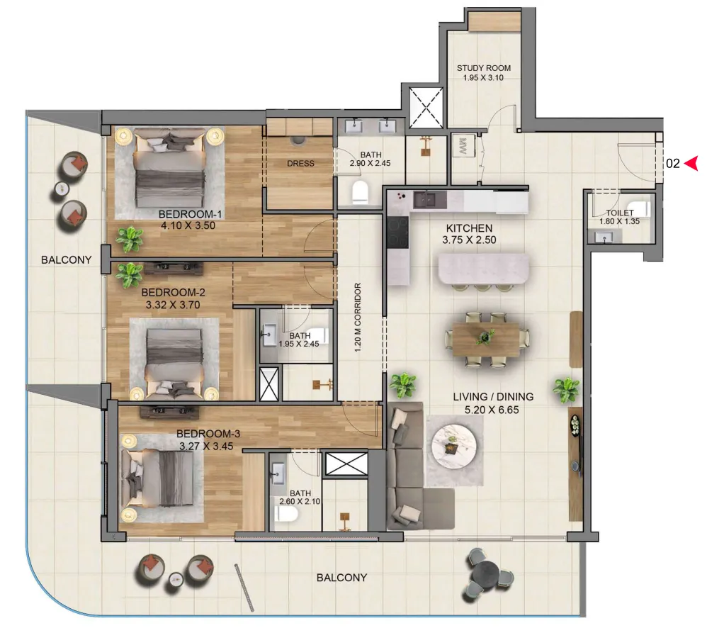 3 BR layout at Marriott Residences JLT