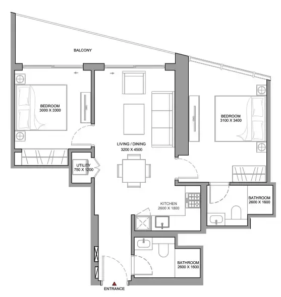 2 BR layout at The Serene at Sobha Central
