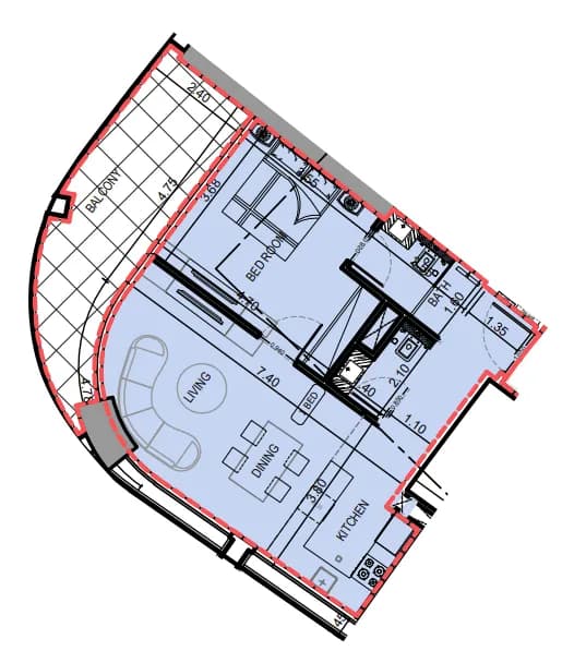 1 BR layout at Binghatti Skyrise