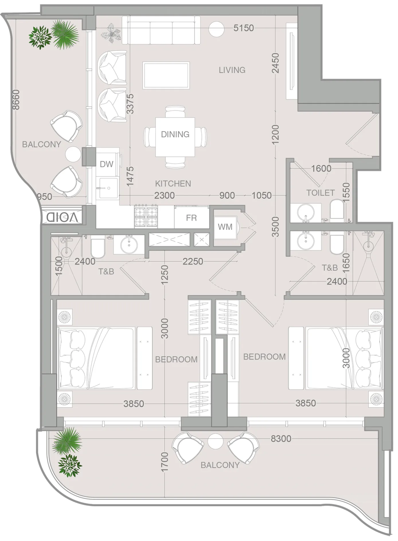 2 BR layout at ALTA V1EW
