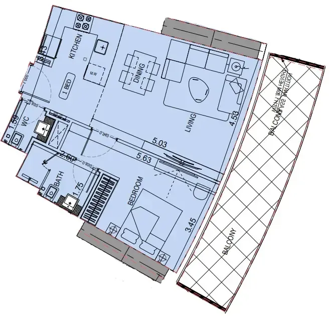 1 BR layout at Binghatti Flare