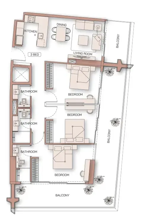 3 BR layout at Binghatti Pinnacle