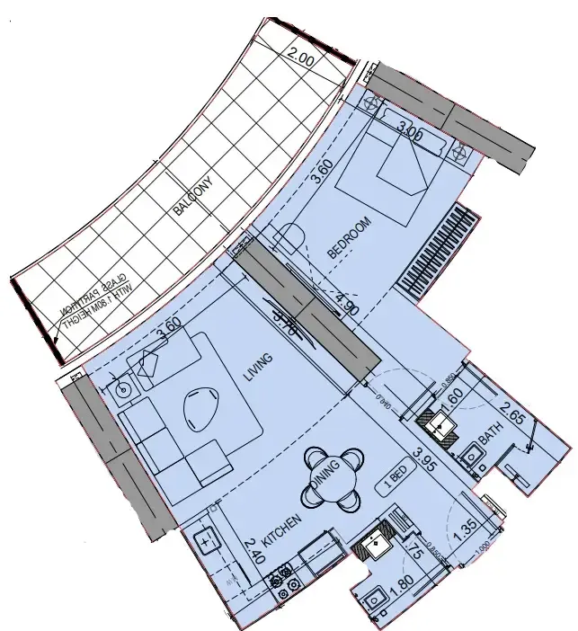 1 BR layout at Binghatti Flare