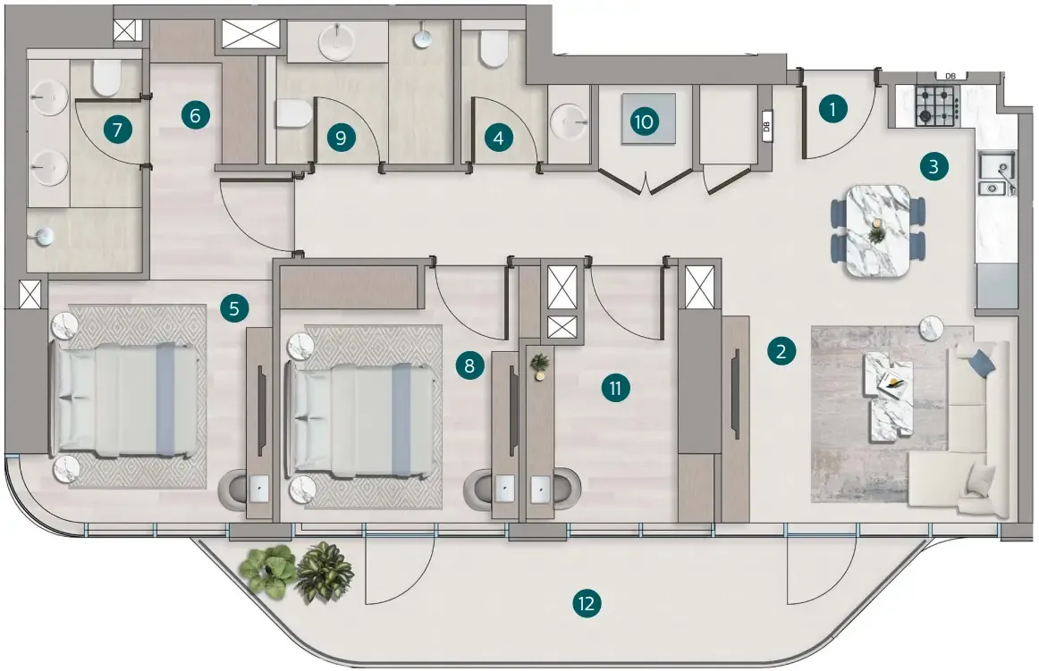 2 BR layout at Flora Shore Beachside Residences