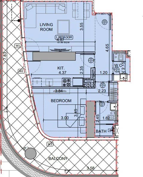 1 BR layout at Binghatti Skyhall