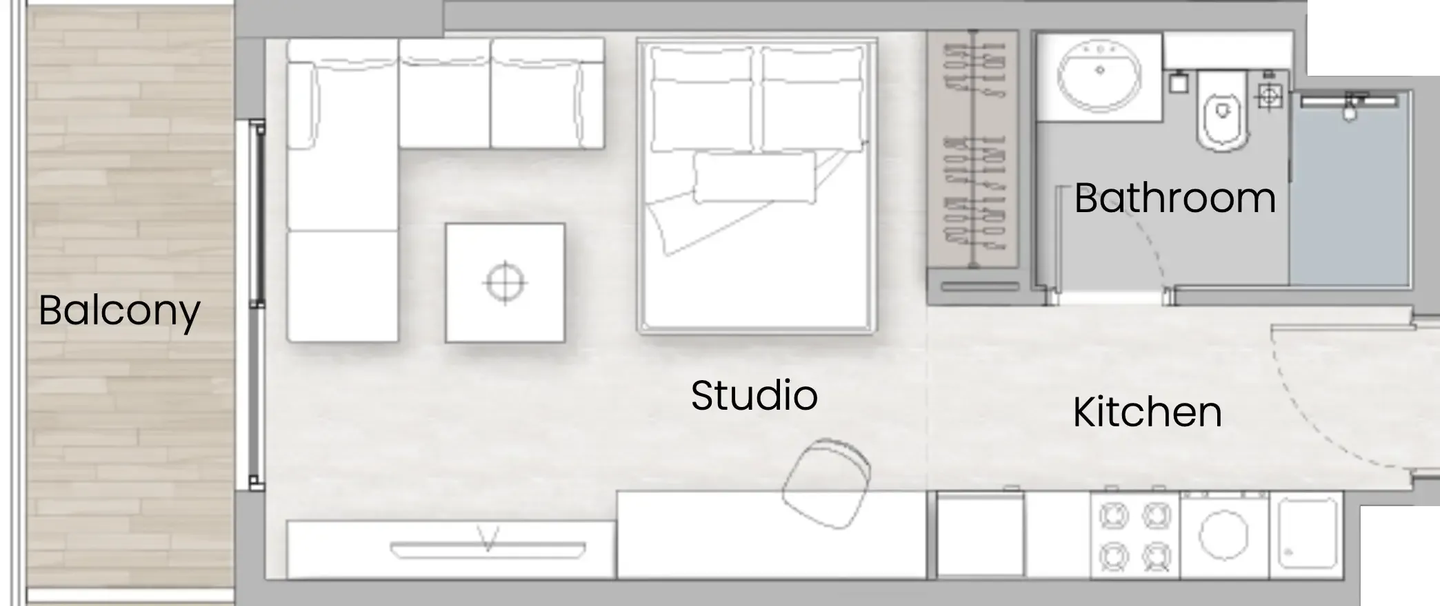 0 BR layout at One Beverly