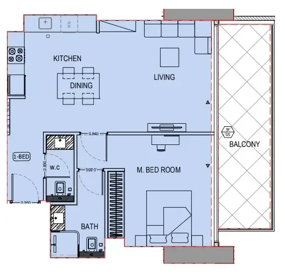 1 BR layout at Binghatti Apex