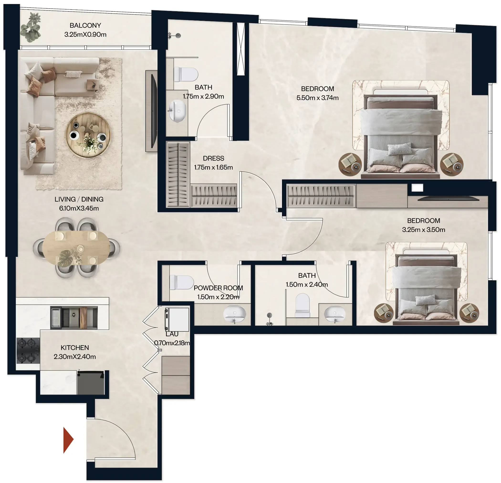 2 BR layout at Norah Residence