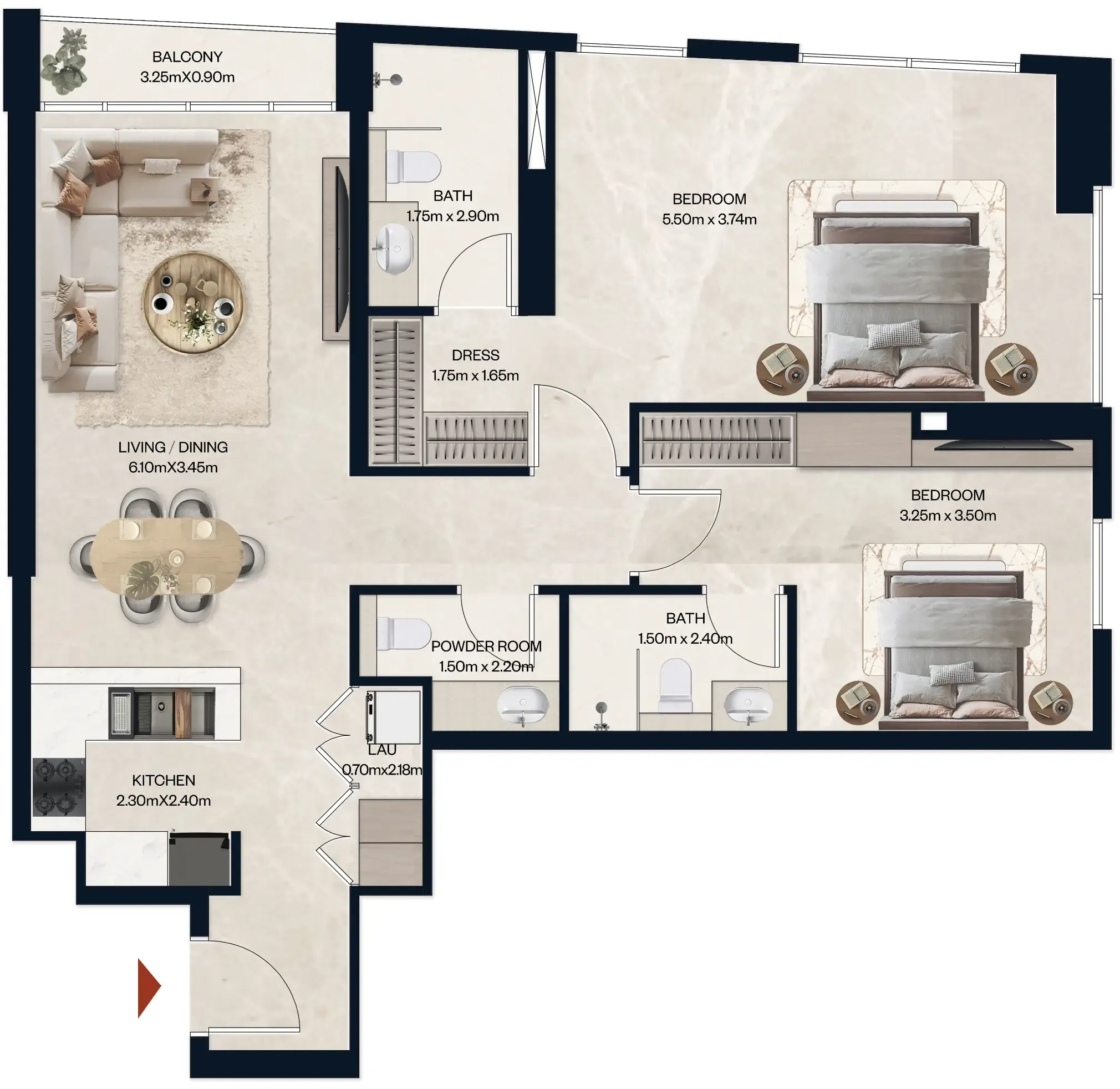 2 BR layout at Norah Residence