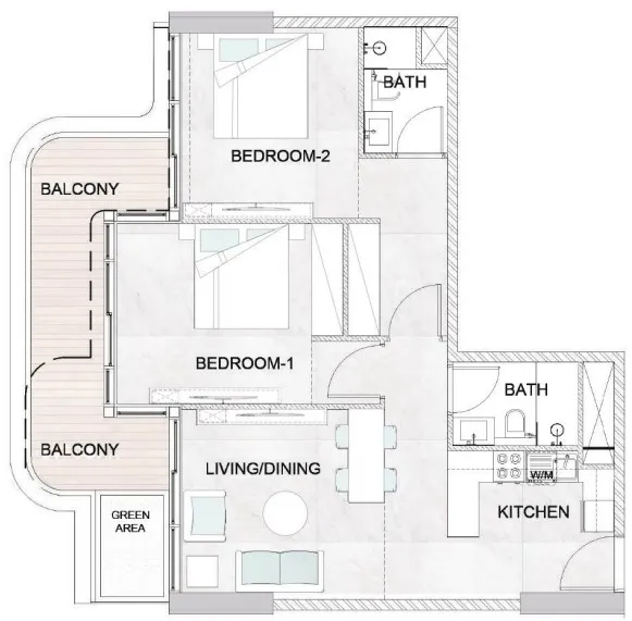 2 BR layout at Treppan Serenique Residences