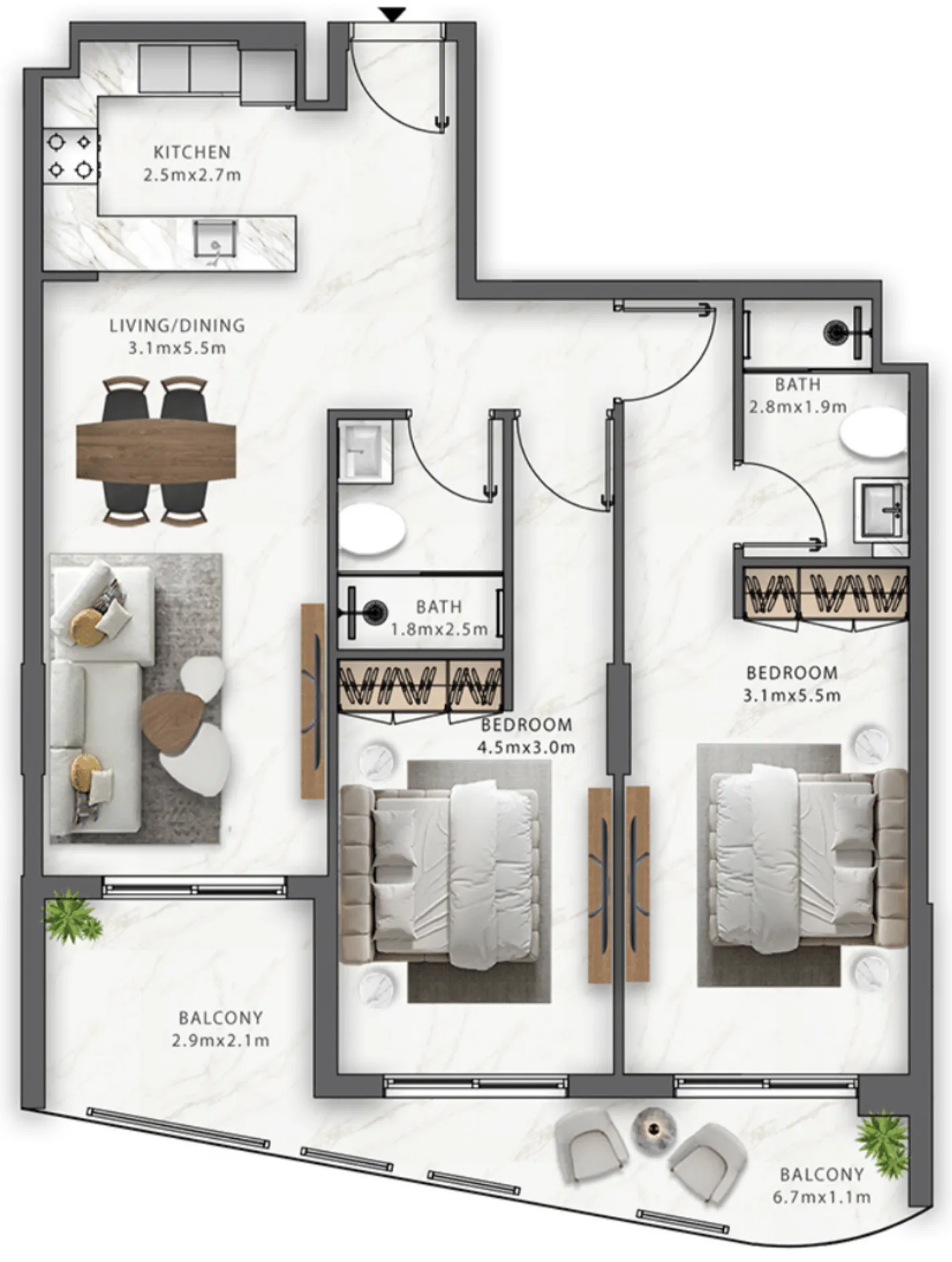2 BR layout at Trafford Residences