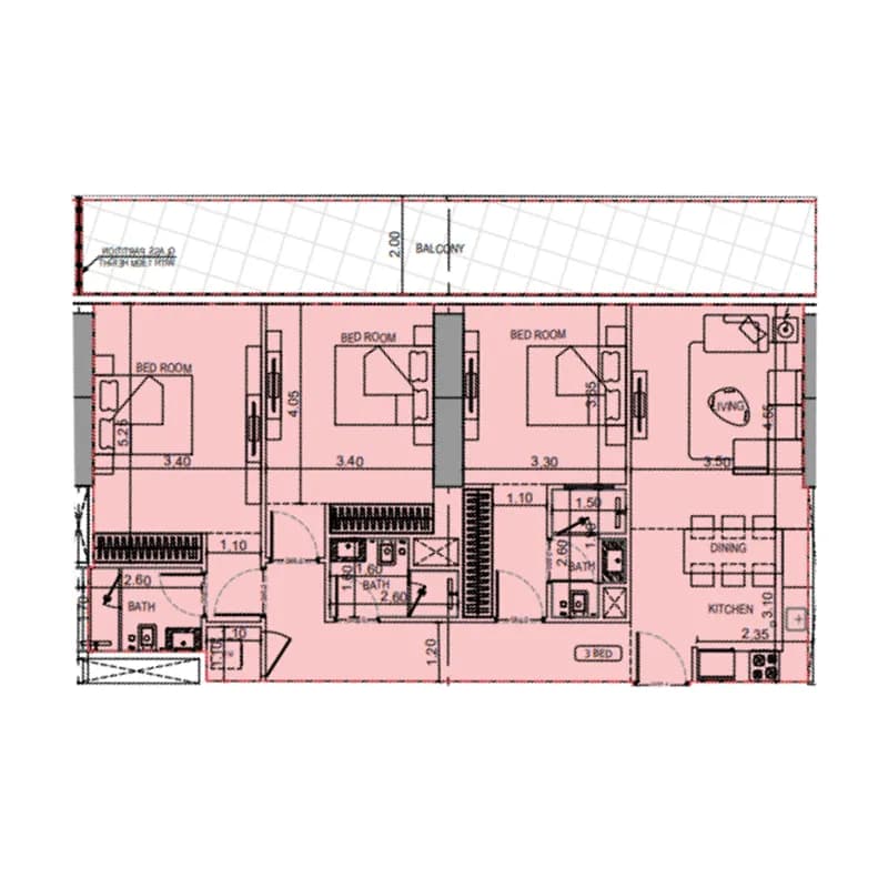 3 BR layout at Binghatti Flare