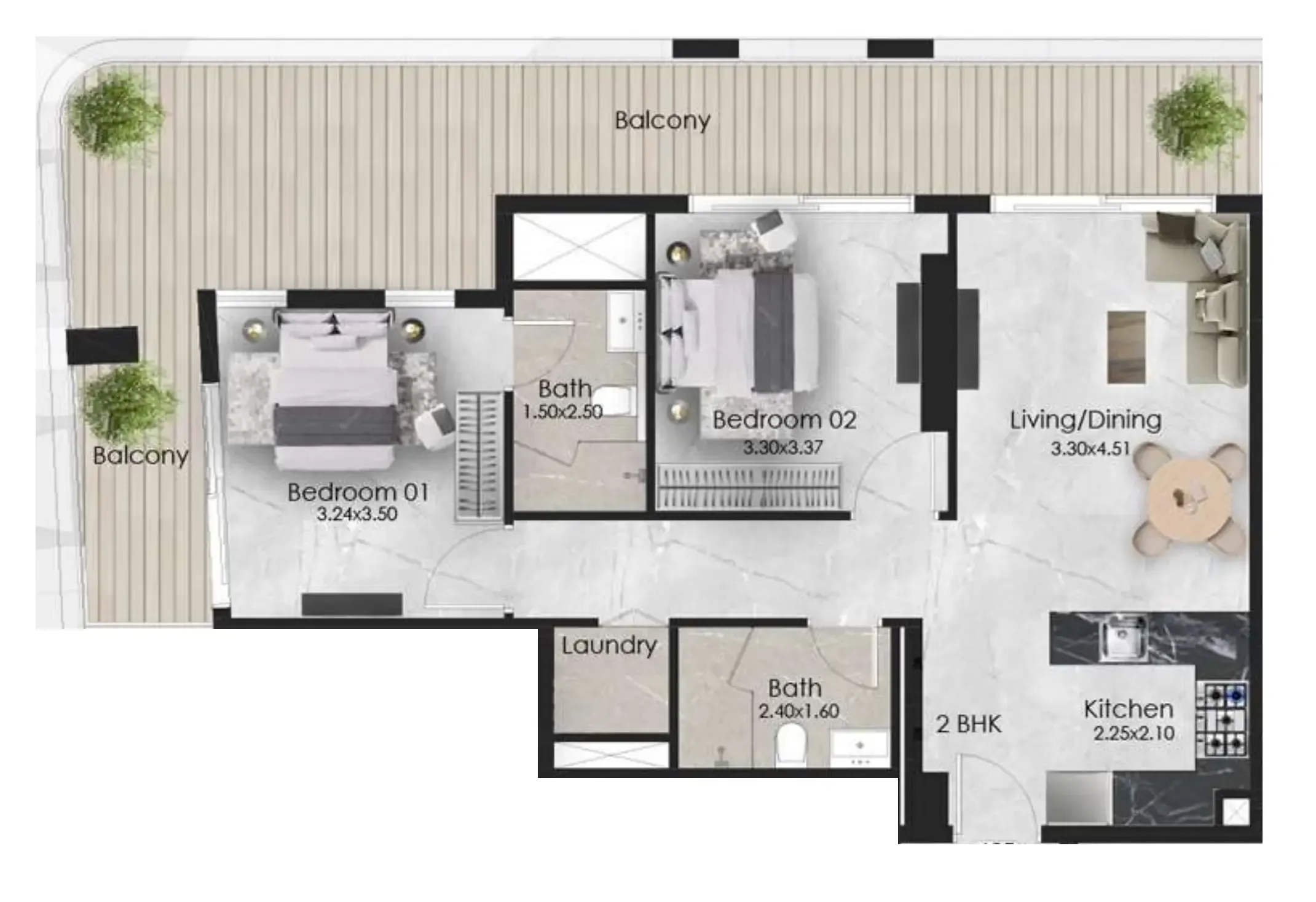 2 BR layout at Aristo