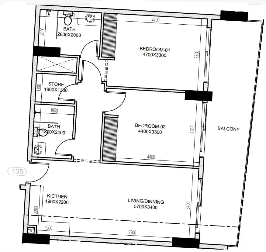 2 BR layout at Astra South