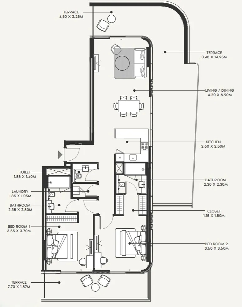 2 BR layout at Azizi Amir