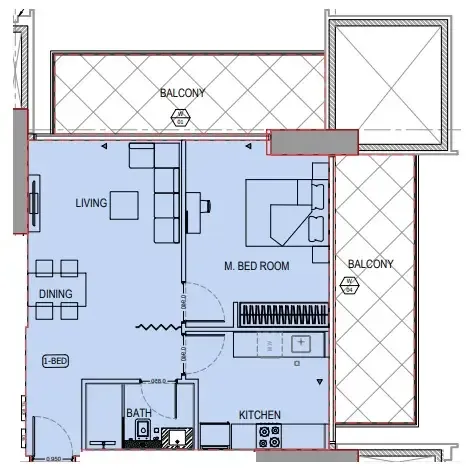 1 BR layout at Binghatti Apex