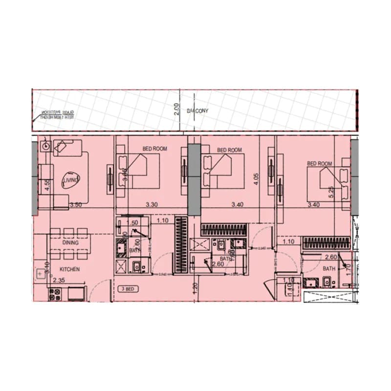 3 BR layout at Binghatti Flare