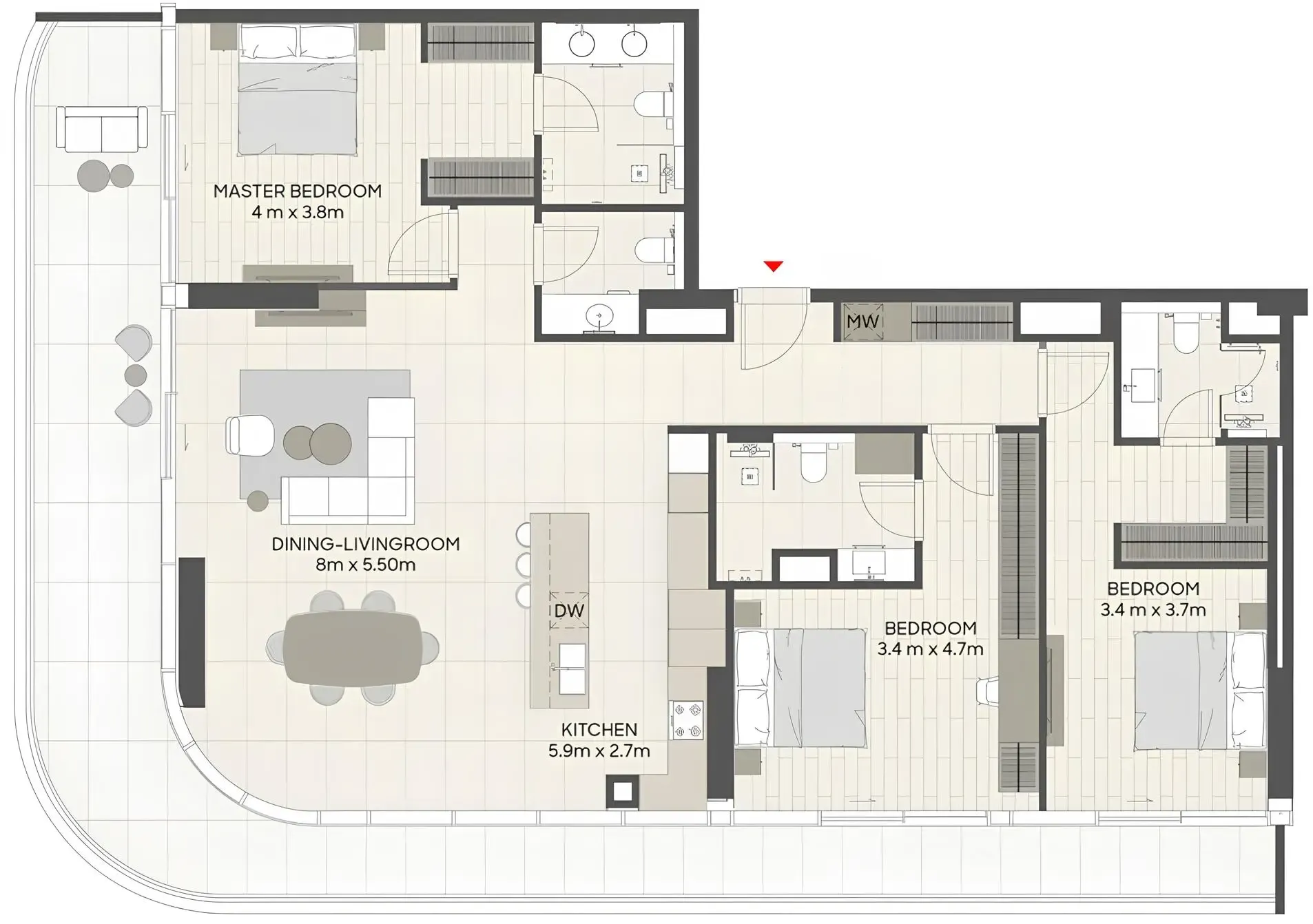 3 BR layout at LIV Oceanside