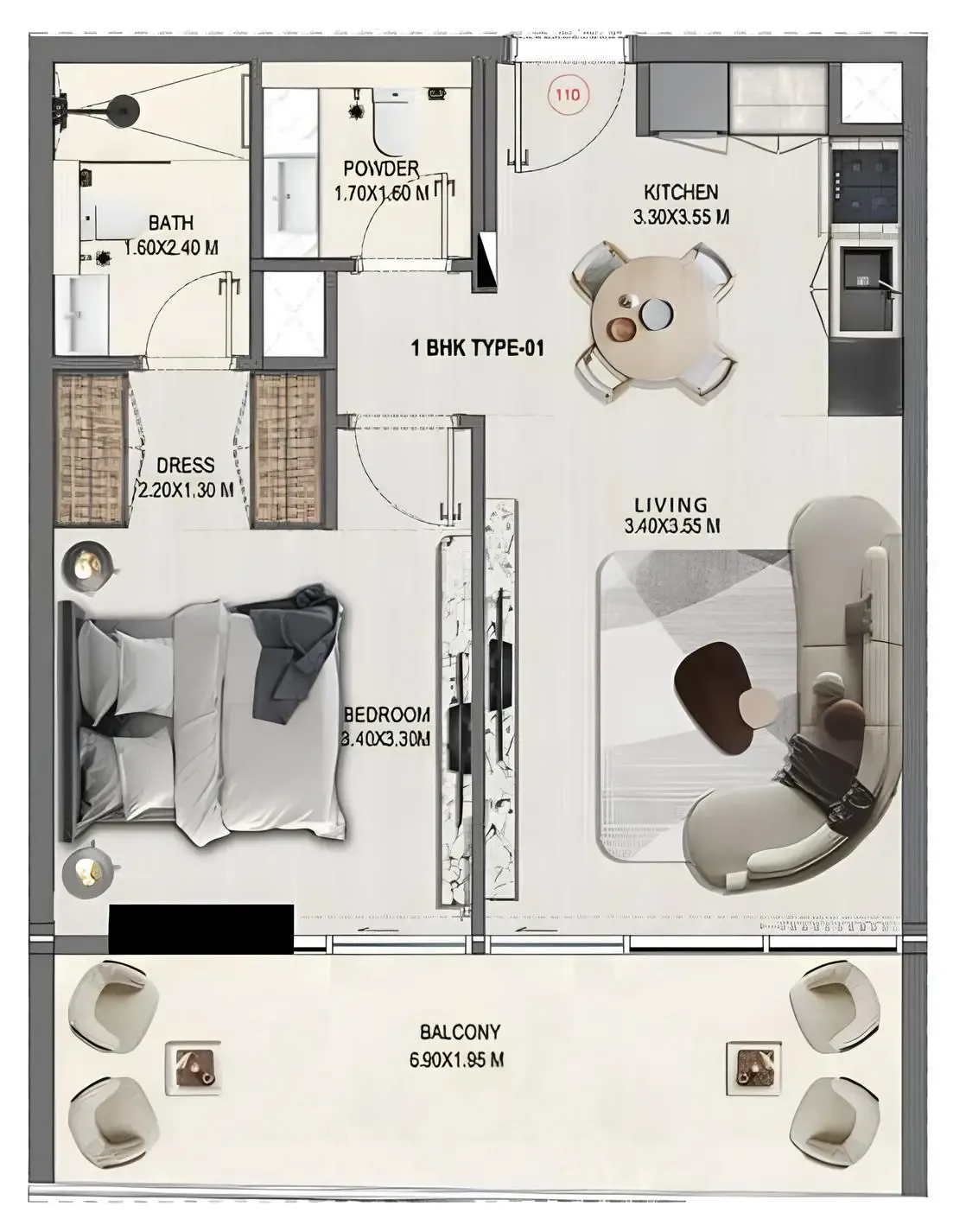 1 BR layout at Divine Elements