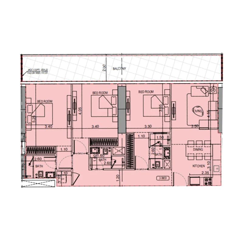 3 BR layout at Binghatti Flare