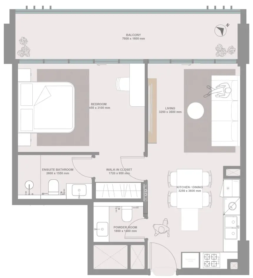 1 BR layout at Linea by Holm