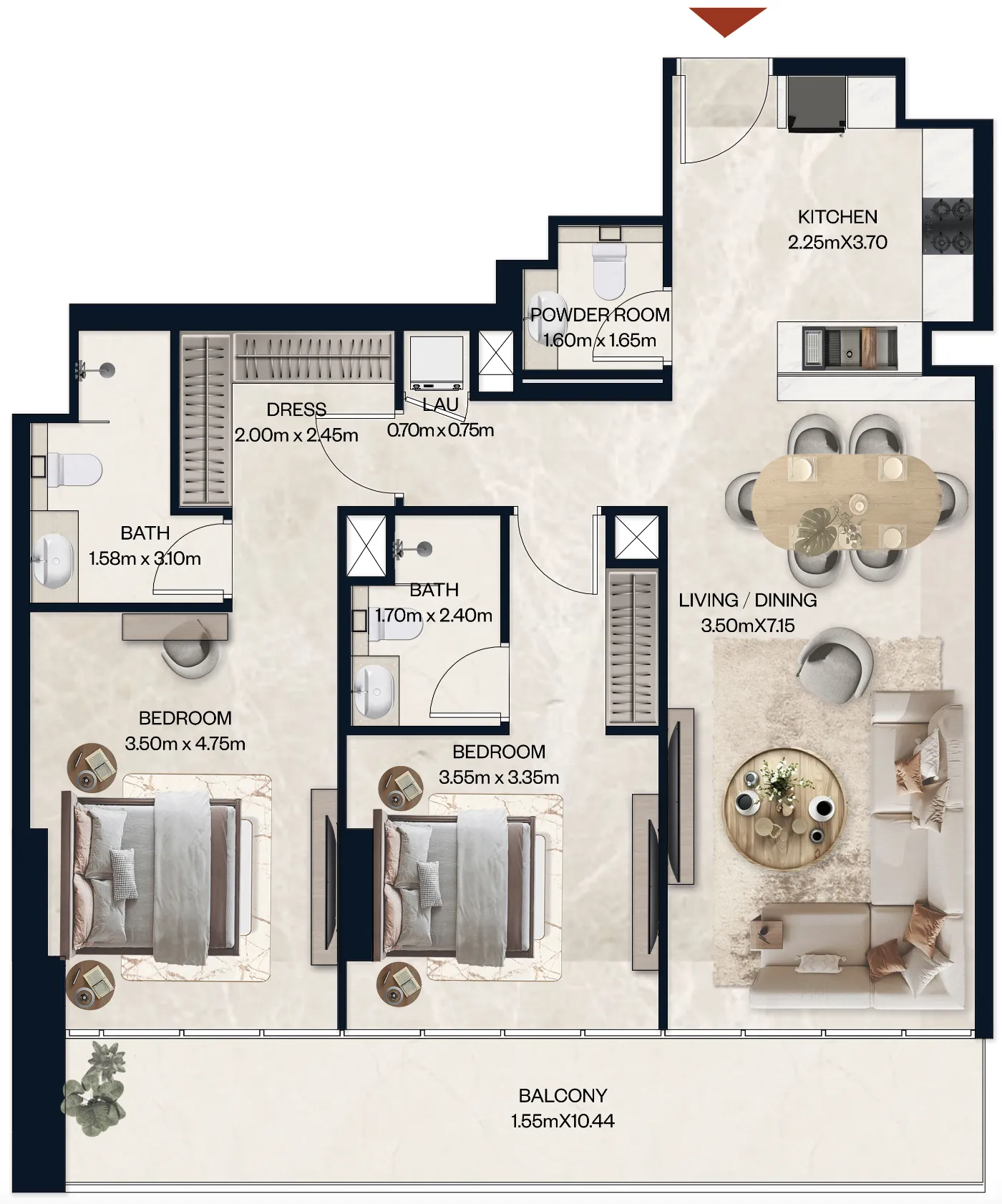 2 BR layout at Norah Residence