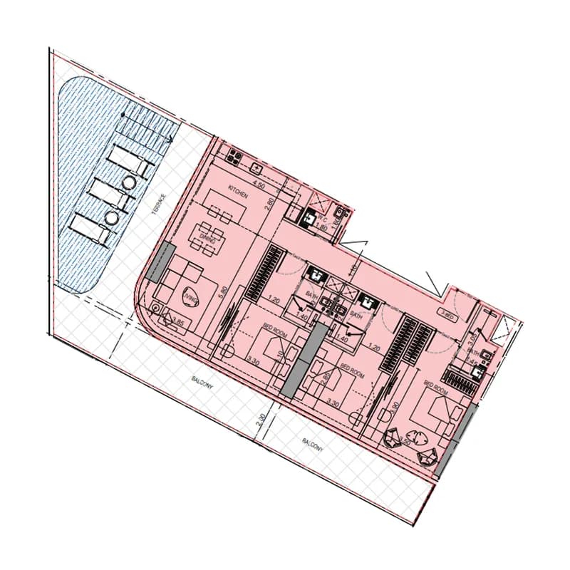 3 BR layout at Binghatti Flare