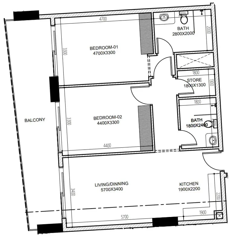2 BR layout at Astra South
