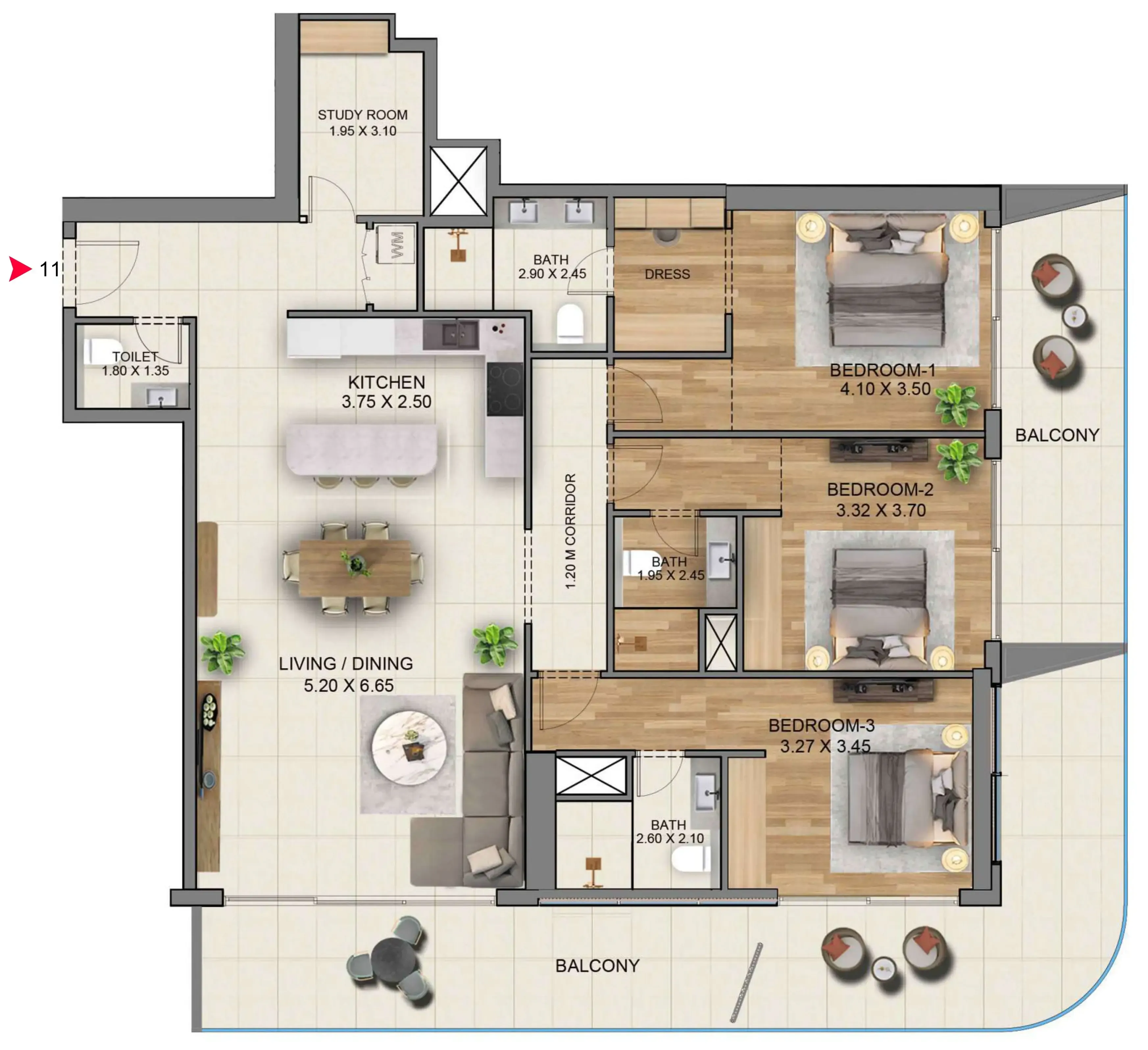 3 BR layout at Marriott Residences JLT