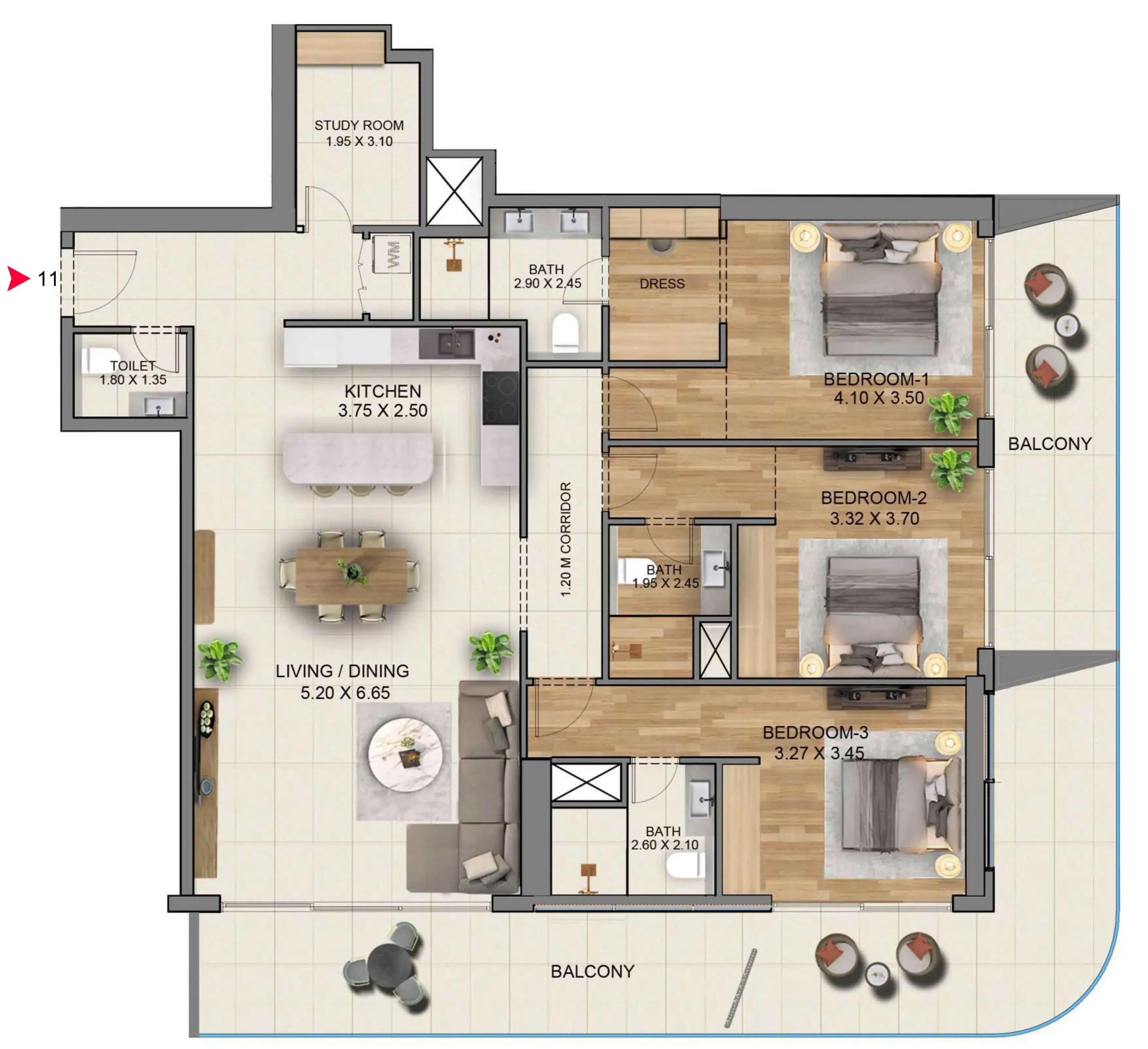 3 BR layout at Marriott Residences JLT