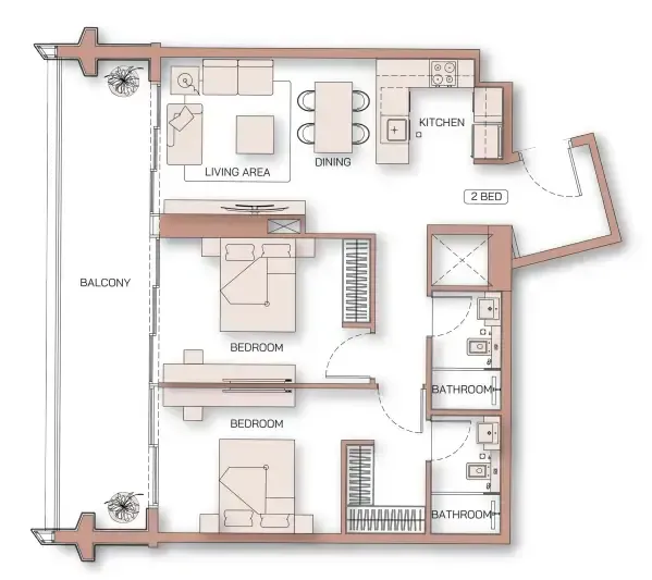 2 BR layout at Binghatti Pinnacle