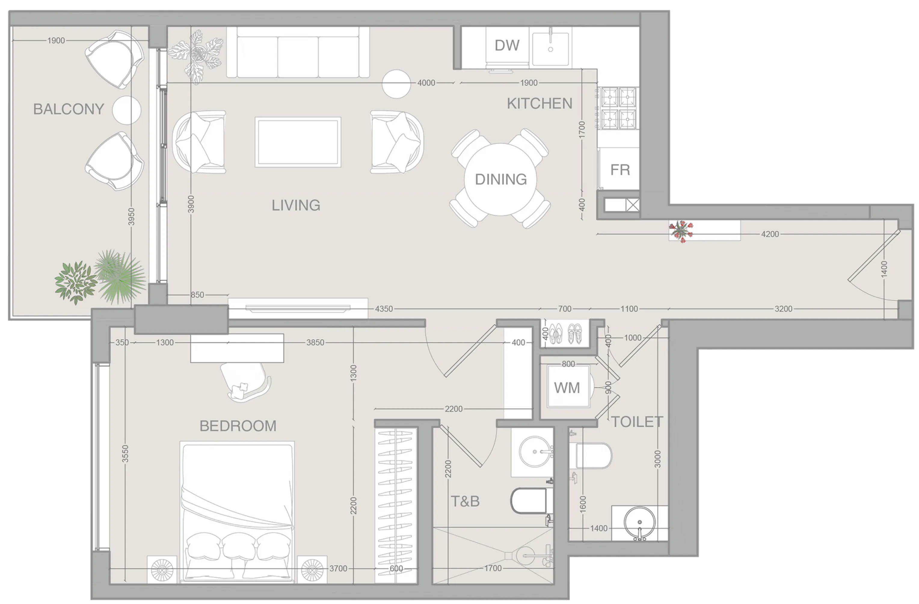 1 BR layout at VERDAN1A