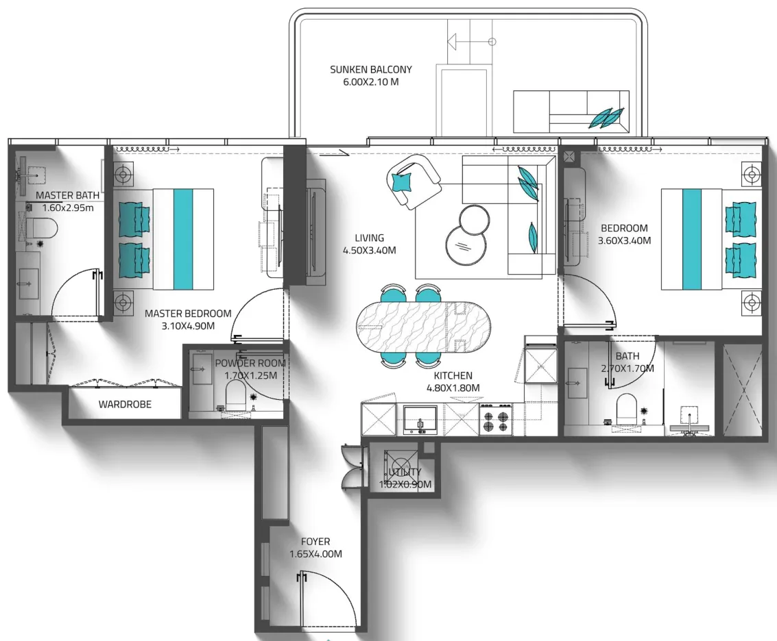 2 BR layout at Reef 998