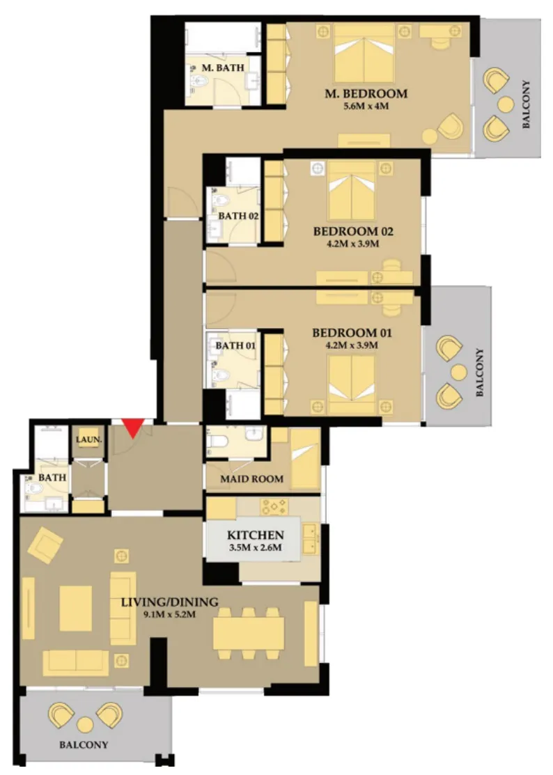 3 BR layout at Riva Residence