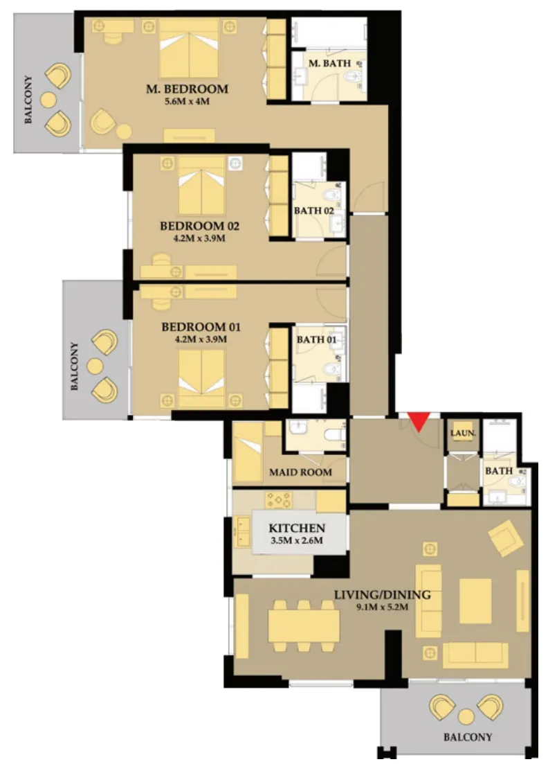 3 BR layout at Riva Residence