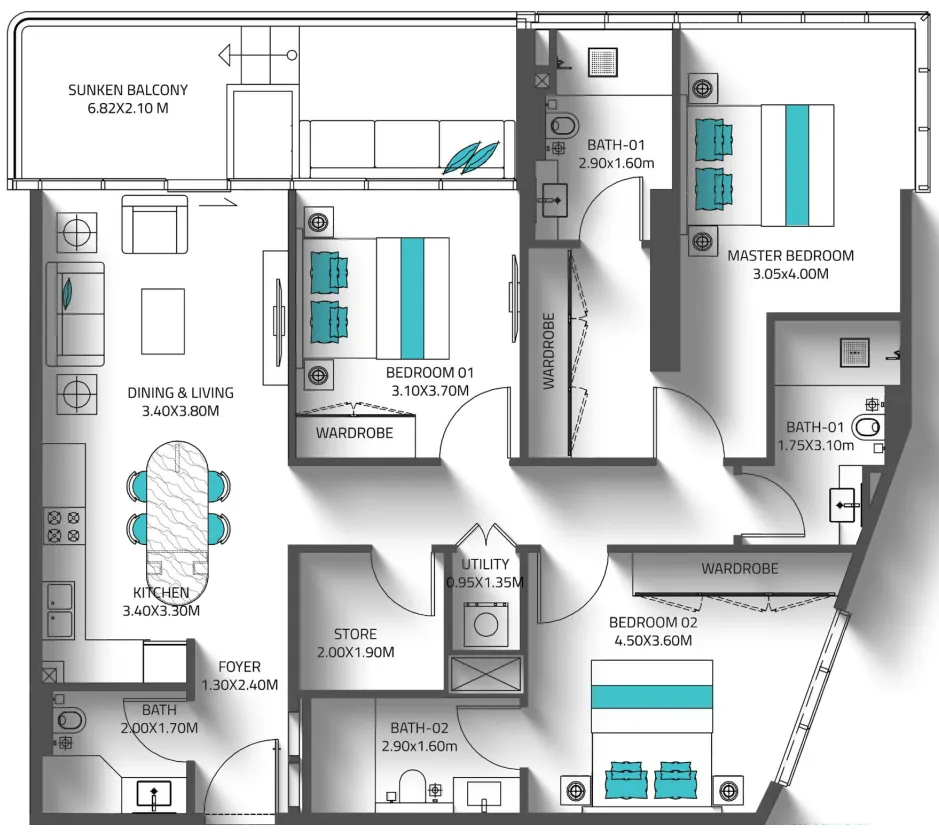 3 BR layout at Reef 998