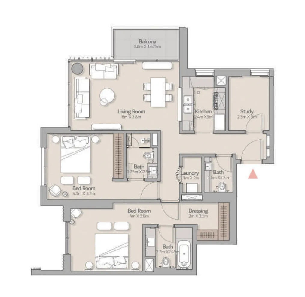 2 BR layout at South Square Tower S1