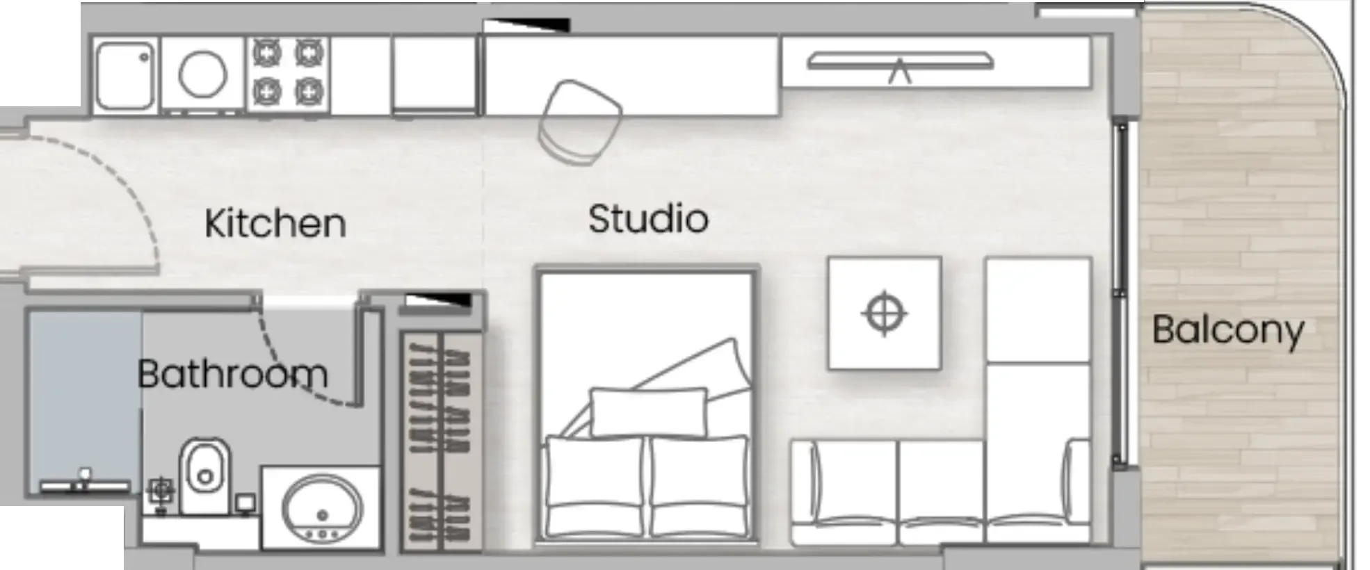 0 BR layout at One Beverly