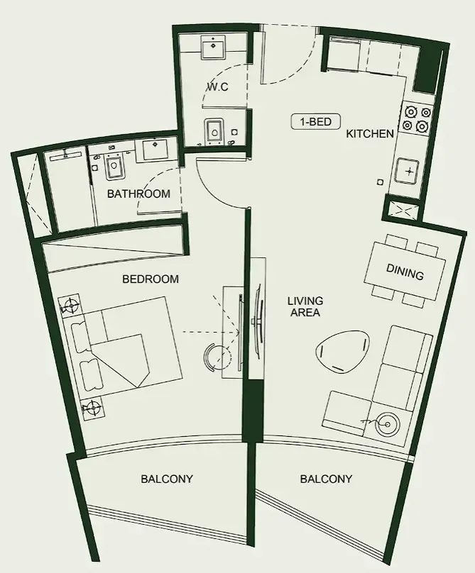1 BR layout at Binghatti HillCrest
