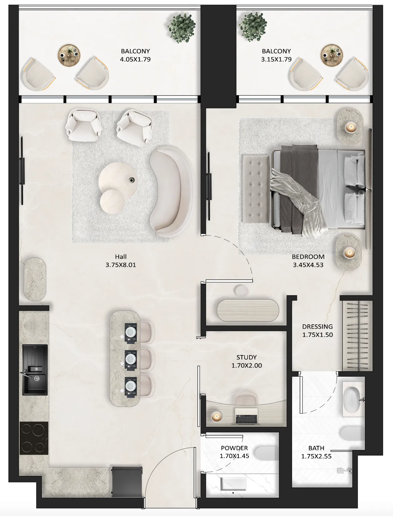1 BR layout at SquareX One