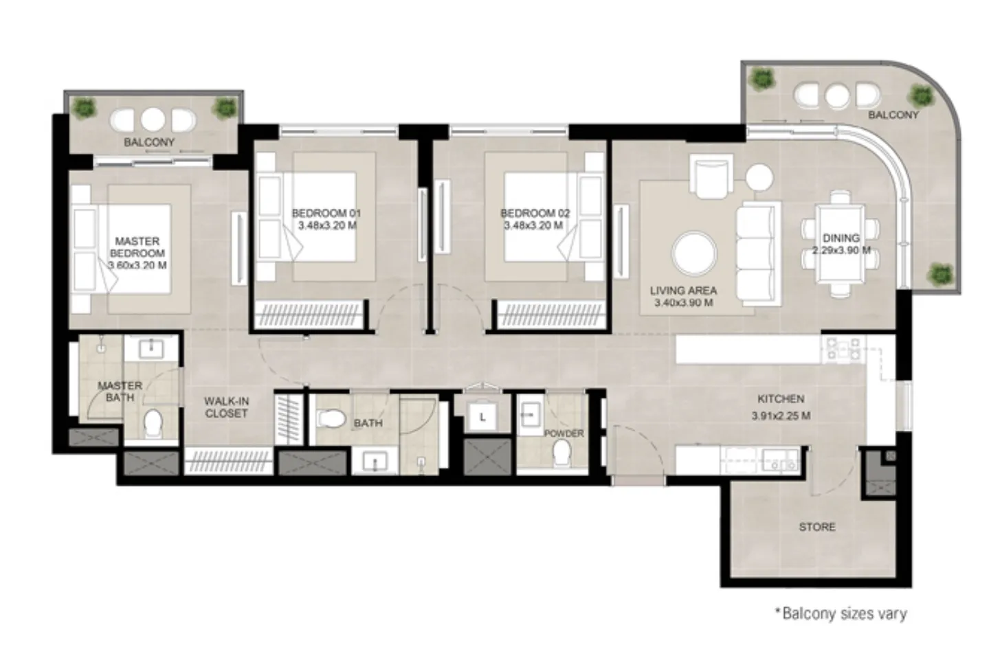 3 BR layout at The Baltimore
